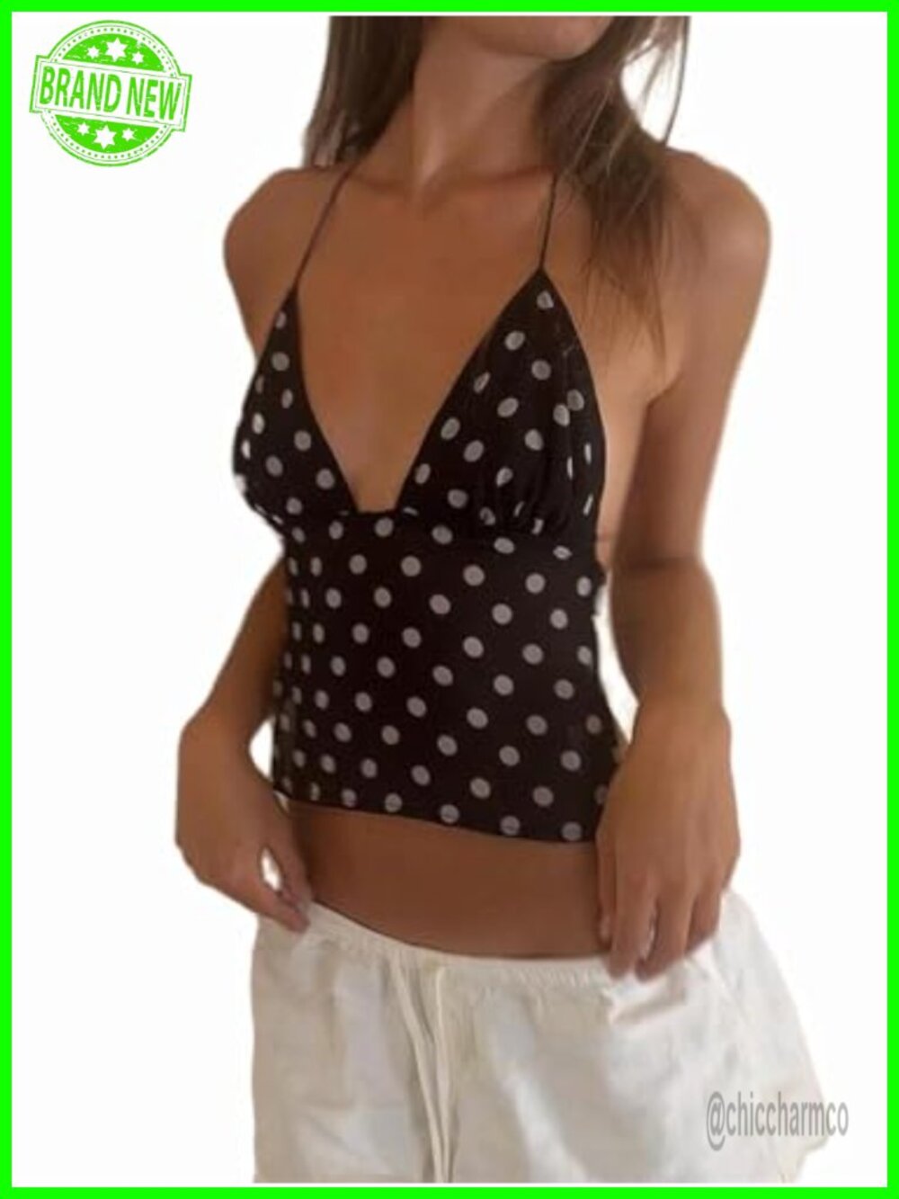 Polka Dot Halter Camisole Top Y2K Backless Cami with Scarf